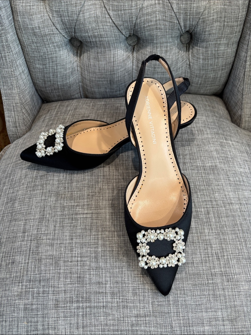 Adrienne Vittadini Black Pointed Pearl-Embellished Slingbacks